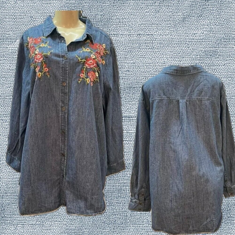 Denim 24/7 + 24W Floral Embroidered Button Collar Cotton Long Sleeve Denim Shirt